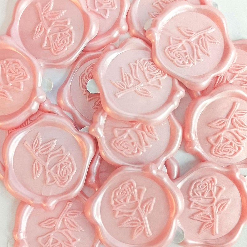 Pilloze 25 Pcs Pink Rose Wax Seal Stickers, Pink Wax Seal for Wedding Invitation, Easy to Use and Good Adhesion Rose Envelope Stickers, Wedding Invitation Accessories - Image 1